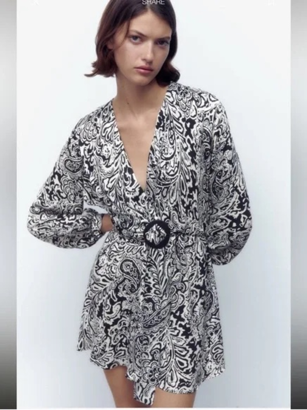 Zara Black and White Paisley Wrap Dress with Belt